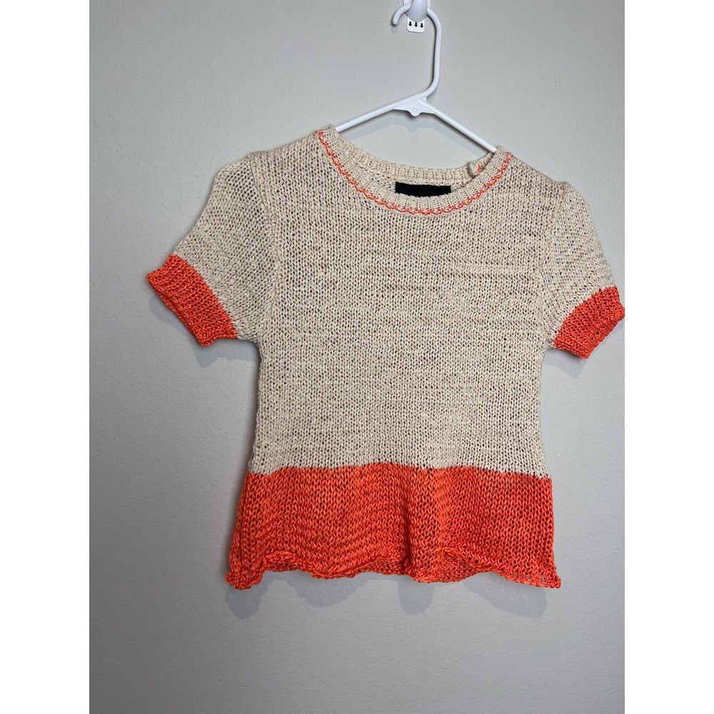 Zara Sweater Womens Small Beige Orange Colorblock Short Sleeve Crewneck Knit